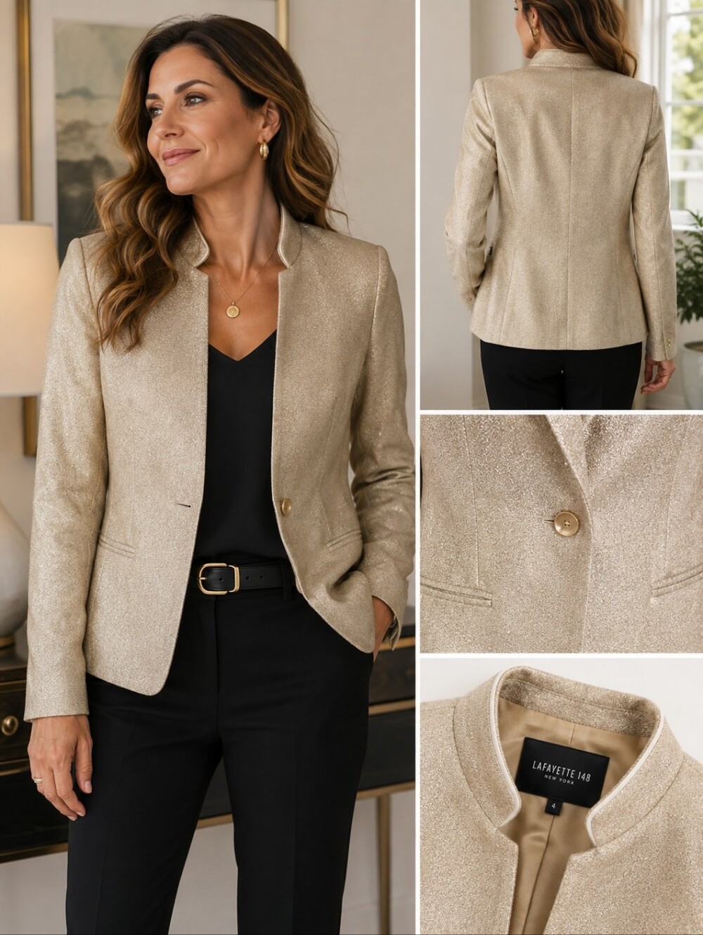 Lafayette 148 New York muted gold shimmer slim cut blazer size 4 72% wool